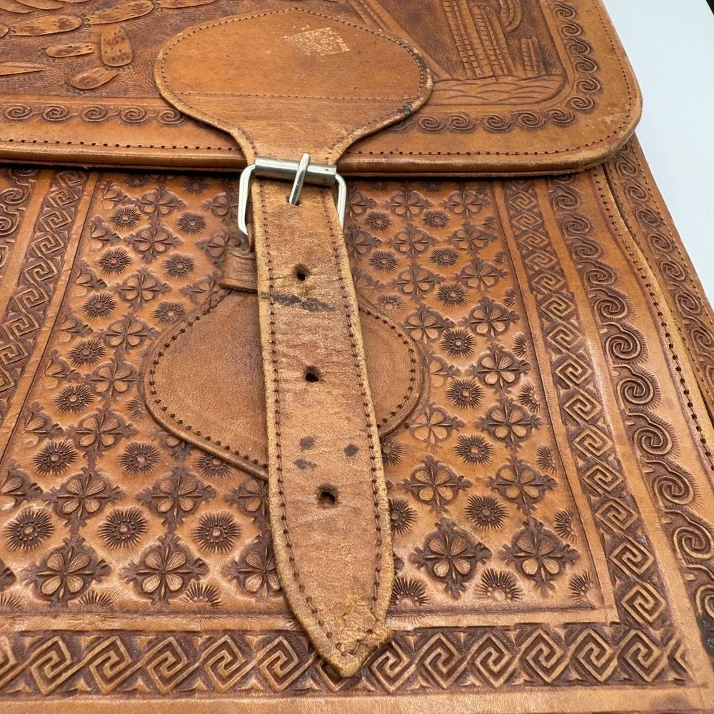 Vintage House of Uppenheim Tooled Leather Briefcase Brown Aztec Eagle Mexico Bag